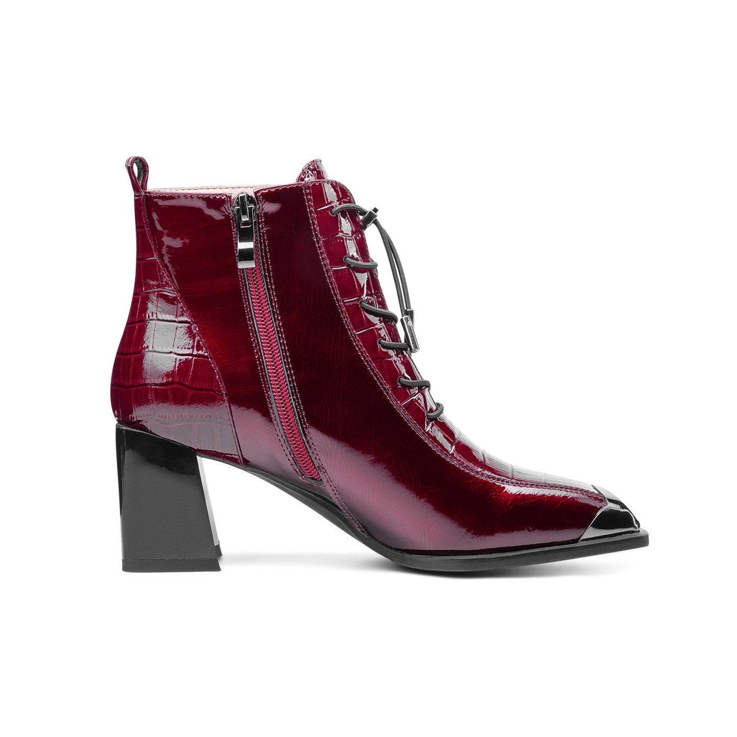 Women's Patent Leather Handmade Square Cap-Toe Mid Chunky Heel Side Zipper Ankle Boots with Band