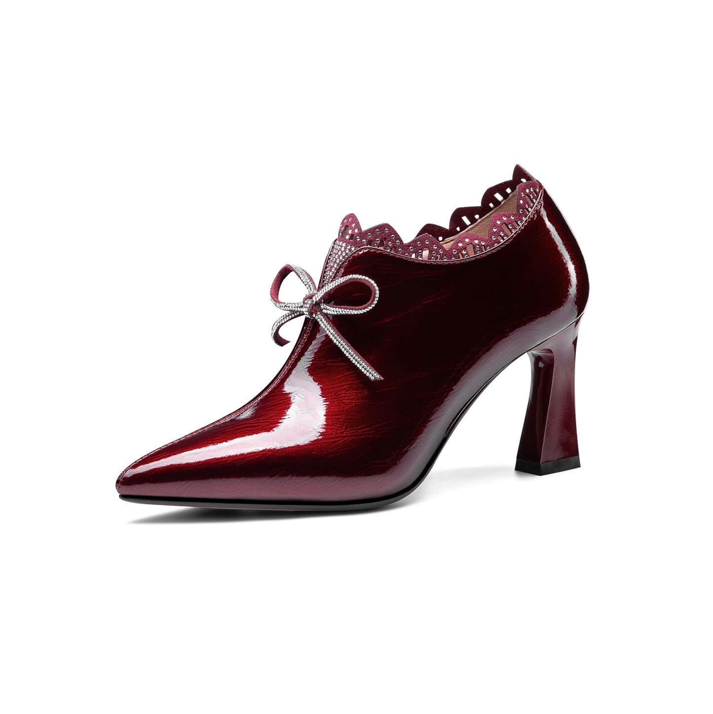 Women's Handmade Glossy Patent Leather Pointed Toe Mid Heel Side Zip Up Pump Shoes with Cute Bowtie