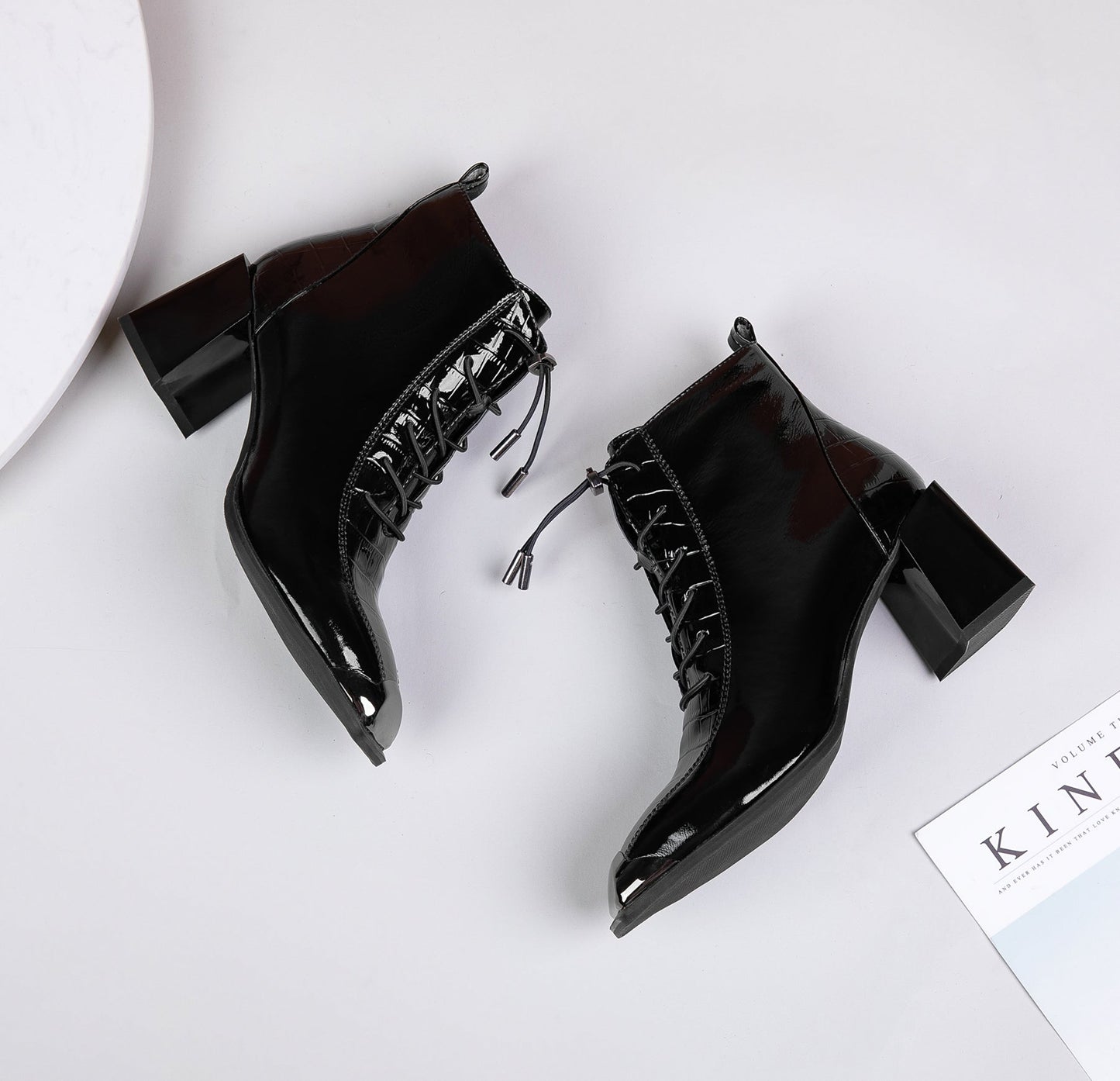 Women's Patent Leather Handmade Square Cap-Toe Mid Chunky Heel Side Zipper Ankle Boots with Band