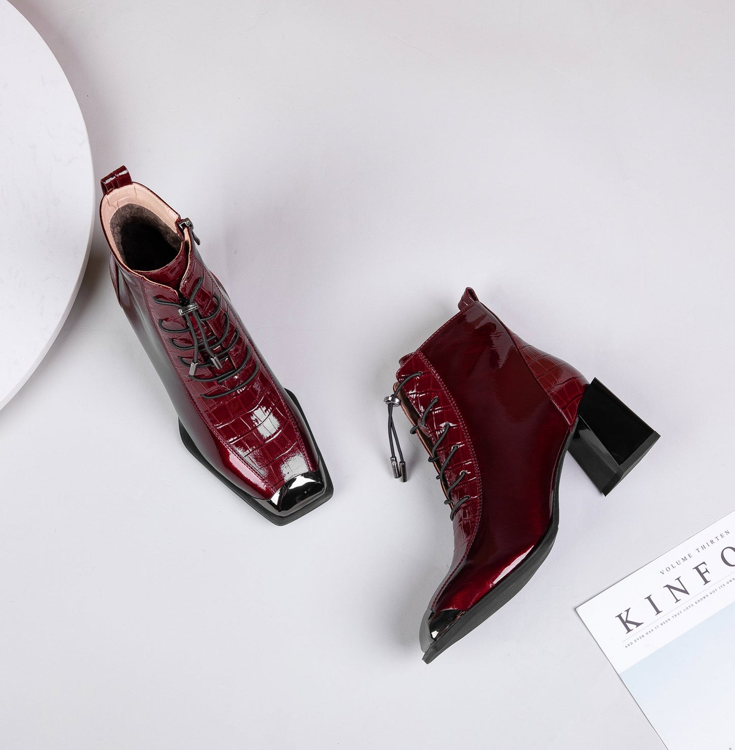 Women's Patent Leather Handmade Square Cap-Toe Mid Chunky Heel Side Zipper Ankle Boots with Band