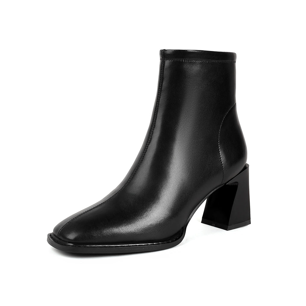 Women's Genuine Leather Handmade Chunky Heel Square Toe Side zip Up Ankle Dress Booties